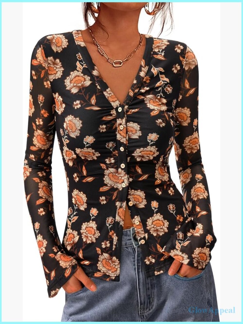 V Neck Long Sleeve Blouse Ruched Mesh Fitted Button Down Shirt Boho Top